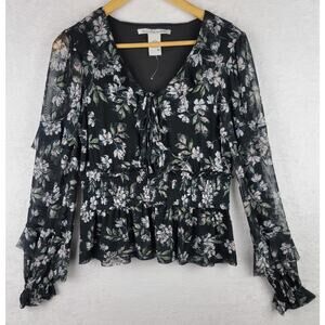 American Rag M Top Long Sleeve V Neck Ruffle Pullover Black Floral Cottagcore